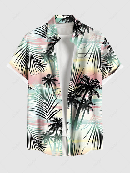 Plus Size Coconut Tree Tropical Leaf Ombre Print Buttons Pocket Hawaii Shirt For Men
