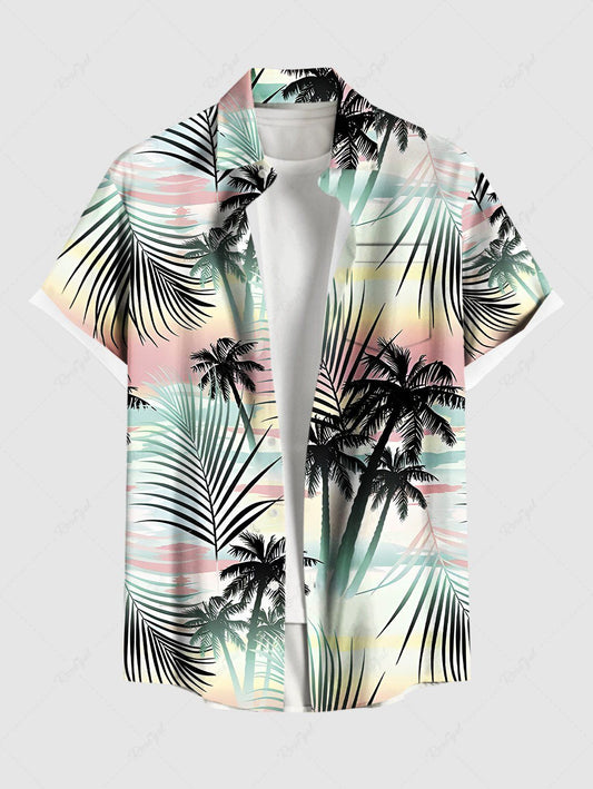 Plus Size Coconut Tree Tropical Leaf Ombre Print Buttons Pocket Hawaii Shirt For Men