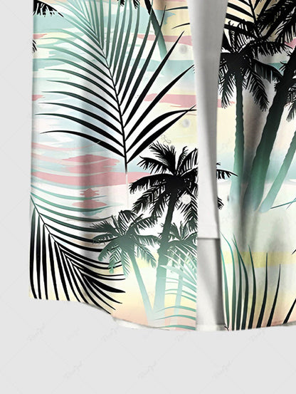 Plus Size Coconut Tree Tropical Leaf Ombre Print Buttons Pocket Hawaii Shirt For Men