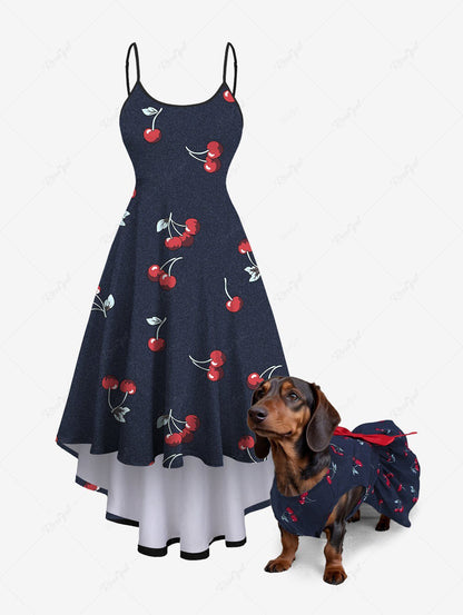 Cherry Print Bowknot Ruched Dresses Dog and Owner Matching Outfits