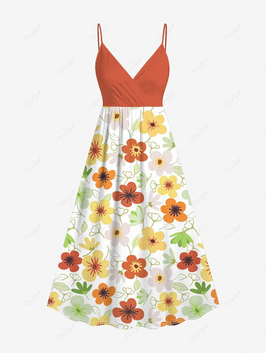 Plus Size Colorful Flowers Print Surplice Midi Dress