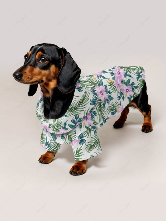 Pet's Tropical Leaf Hibiscus Flower Printed Hawaii Button Shirt