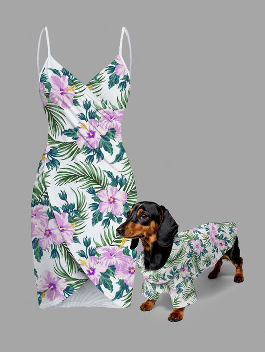 Tropical Leaf Hibiscus Flower Printed Hawaii Shirt Cover Up Dog And Owner Matching Outfits