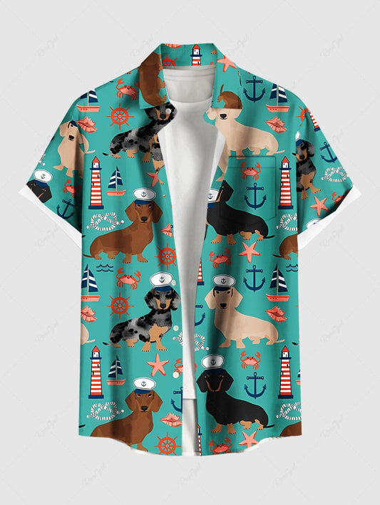 Plus Size Dogs Starfish Crab Lighthouse Anchor Print Buttons Pocket Hawaii Shirt For Men