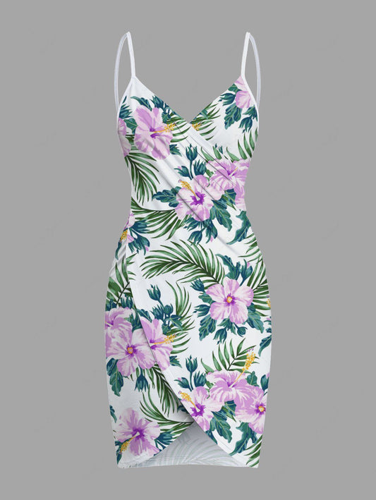 Plus Size Tropical Leaf Hibiscus Flower Print Hawaii Beach Cover