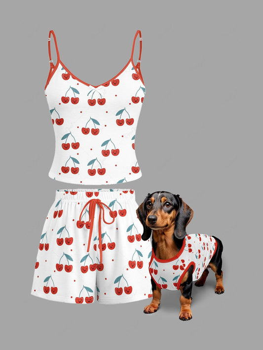 Cherry Leaf Print Tank Top and Pajama Set Dog and Owner Matching Outfits