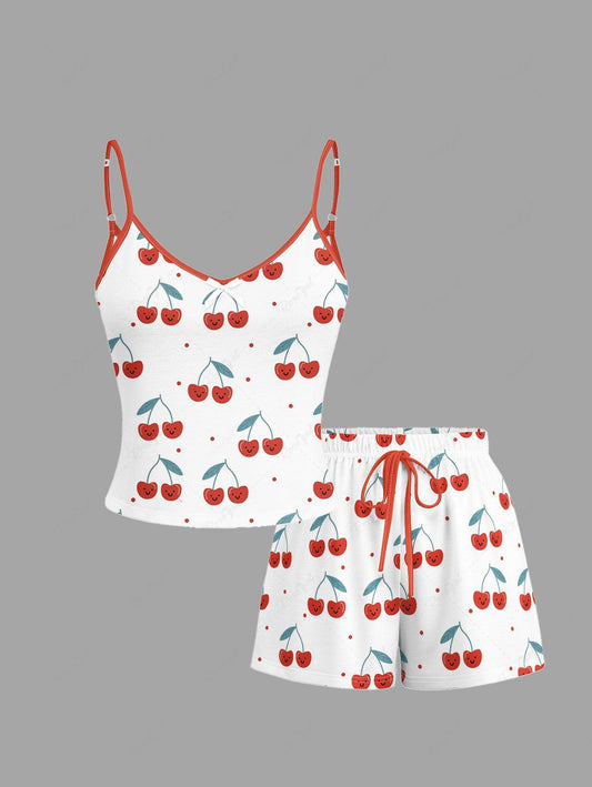 Cherry Smile Print Cami Top and Shorts Pajama Set