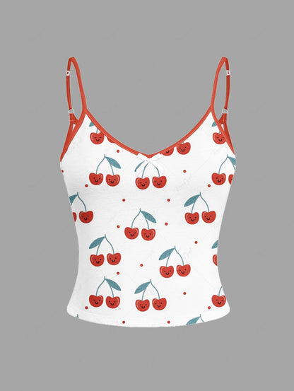 Cherry Smile Print Cami Top and Shorts Pajama Set