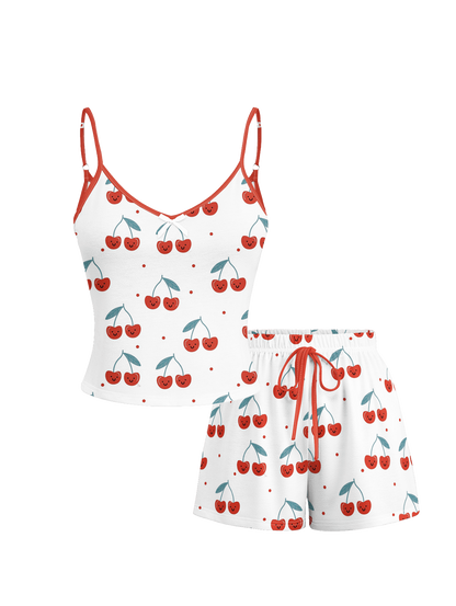 Cherry Smile Print Cami Top and Shorts Pajama Set