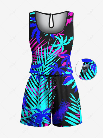 Plus Size Tropical Leaf Coconut Tree Print Cinched Hawaii Romper