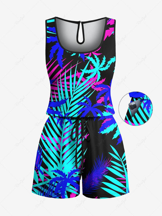Plus Size Tropical Leaf Coconut Tree Print Cinched Hawaii Romper
