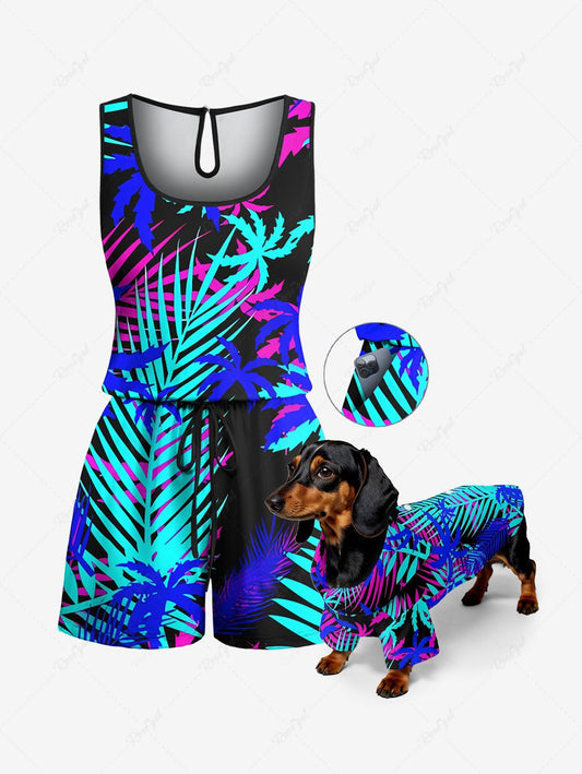 Coconut Tree Tropical Leaf Print Hawaii Shirt and Romper Dog and Owner Matching Outfits