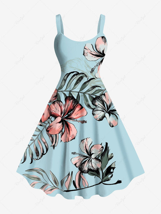 Plus Size Hibiscus Flower Tropical Leaf Print Hawaii A Line Tank Dress