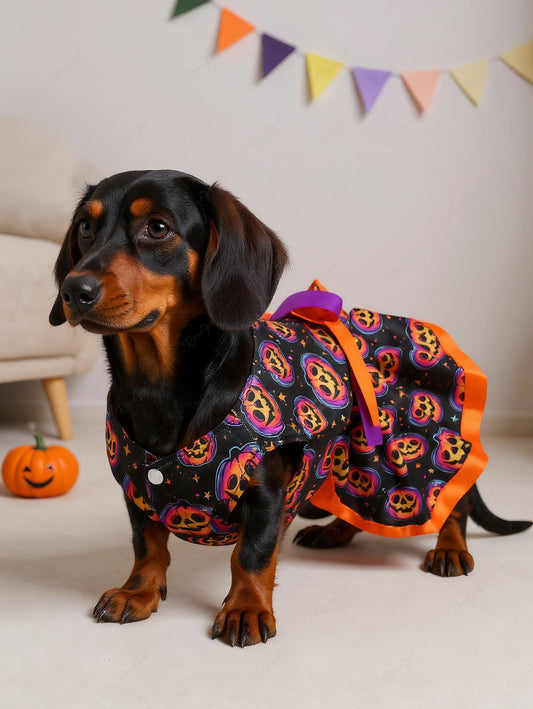 Pet's Colorful Ombre Pumpkin Star Galaxy Print Halloween Contrast Piping Bowknot Button Dress
