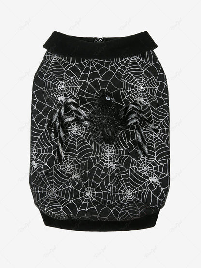 Pet's Silver Stamping Spider Web Print Turn-down Collar Halloween Button Contrast Piping Sweatshirt