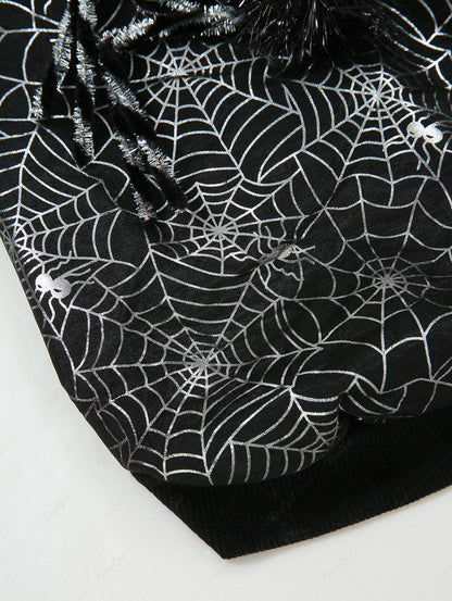 Pet's Silver Stamping Spider Web Print Turn-down Collar Halloween Button Contrast Piping Sweatshirt