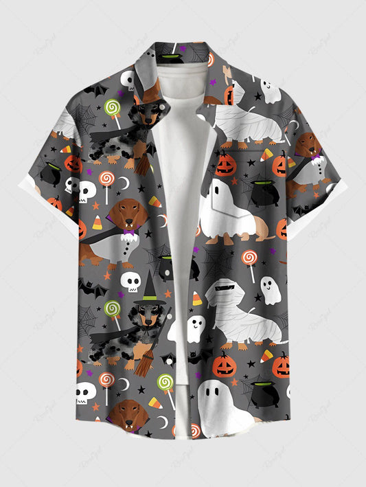 Plus Size Halloween Costume Dogs Ghost Skulls Candy Pumpkin Print Buttons Pocket Shirt For Men