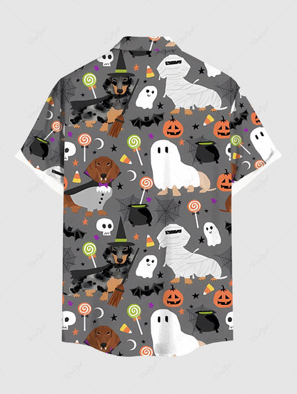 Plus Size Halloween Costume Dogs Ghost Skulls Candy Pumpkin Print Buttons Pocket Shirt For Men