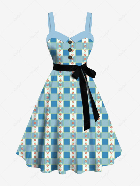 Plus Size Plaid Flowers Print Buttons Turn Down Collar Hawaii Dress With Belt