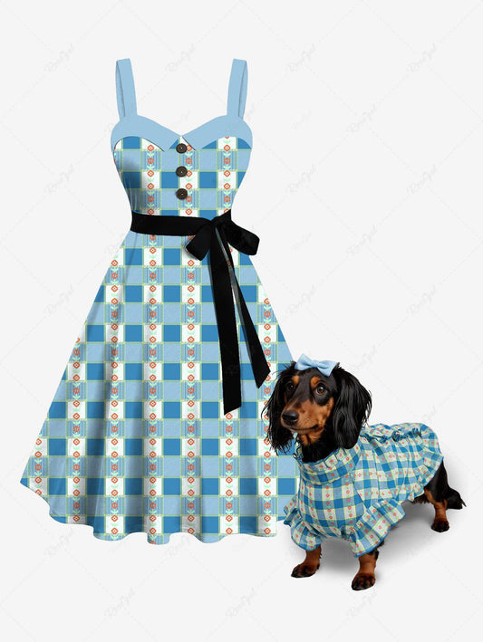 Plaid Flowers Print Ruffles Dresses Dog and Owner Matching Outfits