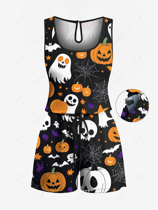 Plus Size Skull Pumpkin Ghost Spider Web Bat Print Halloween Drawstring Pocket Romper