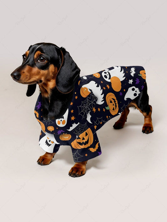Pet's Skull Pumpkin Ghost Spider Web Bat Print Halloween Button Shirt