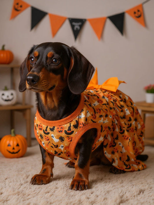 Pet's Halloween Pumpkin Bat Hat Ghost Spider Print Bowknot Dress