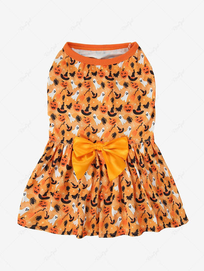 Halloween Pumpkin Bat Hat Ghost Spider Print Bowknot Dresses Dog and Owner Matching Outfits