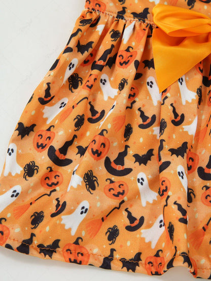 Pet's Halloween Pumpkin Bat Hat Ghost Spider Print Bowknot Dress