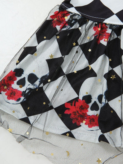 Pet's Halloween Skulls Flowers Checkered Plaid Print Fishnet Lace Trim Dress