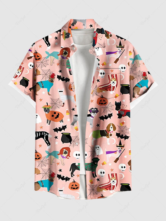 Plus Size Halloween Pumpkin Bat Spider Web Dogs Skulls Ghost Print Buttons Pocket Shirt For Men