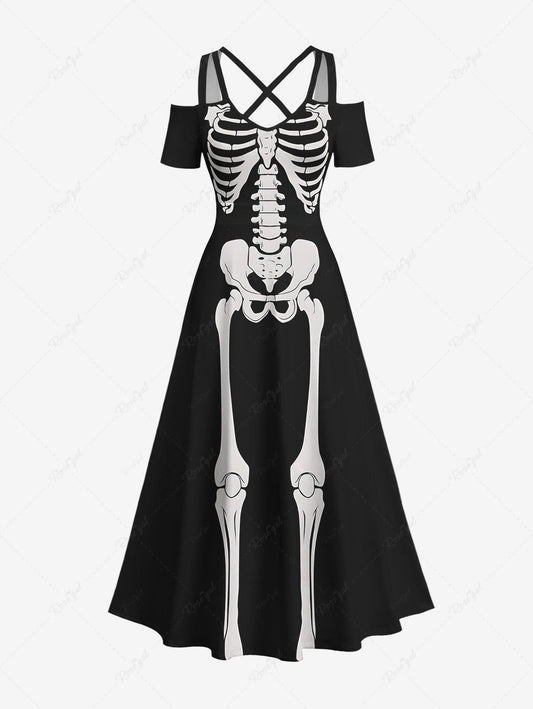 Plus Size Halloween Skeleton Print Cold Shoulder Crisscross Maxi Dress