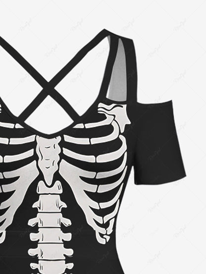 Plus Size Halloween Skeleton Print Cold Shoulder Crisscross Maxi Dress