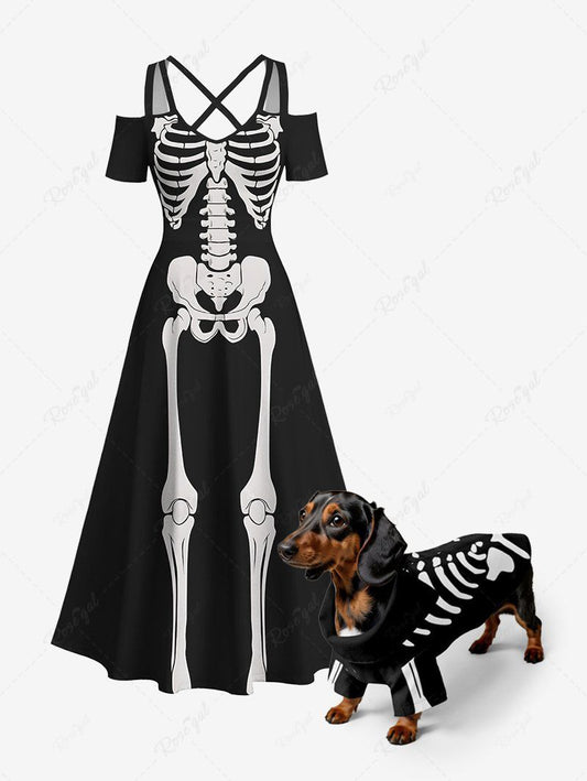 Halloween Costume Skeleton Print Shirt and Dress Dog and Owner Matching Outfits
