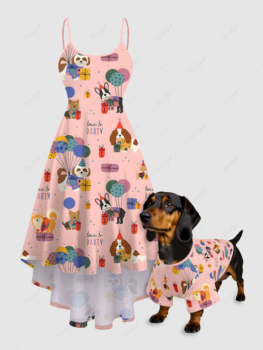Colorful Cute Puppy Balloons Gift Printed T-shirt Dress Dog And Owner Matching Outfits