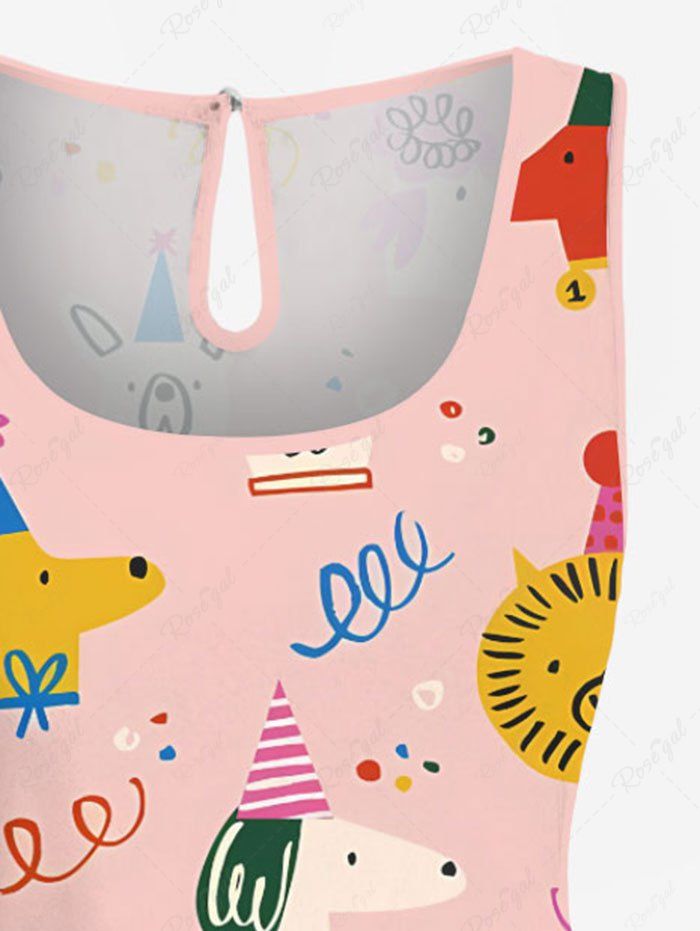 Plus Size Cute Dog Lion Animal Print Birthday Party Drawstring Pocket Romper