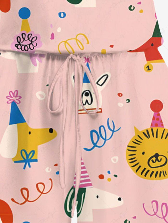 Plus Size Cute Dog Lion Animal Print Birthday Party Drawstring Pocket Romper