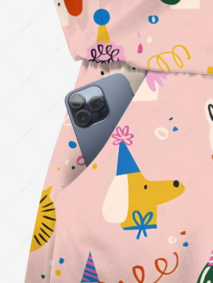 Plus Size Cute Dog Lion Animal Print Birthday Party Drawstring Pocket Romper