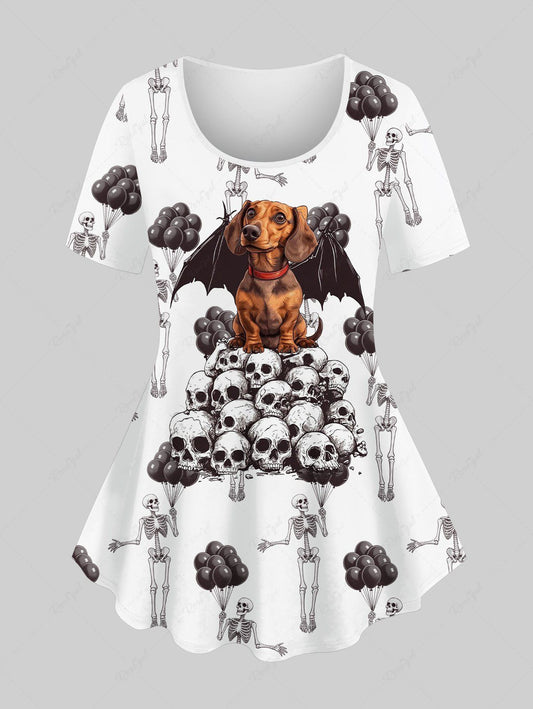 Plus Size Skull Dog Bat Skeleton Balloons Print Halloween Women T-shirt