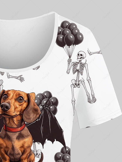 Plus Size Skull Dog Bat Skeleton Balloons Print Halloween Women T-shirt