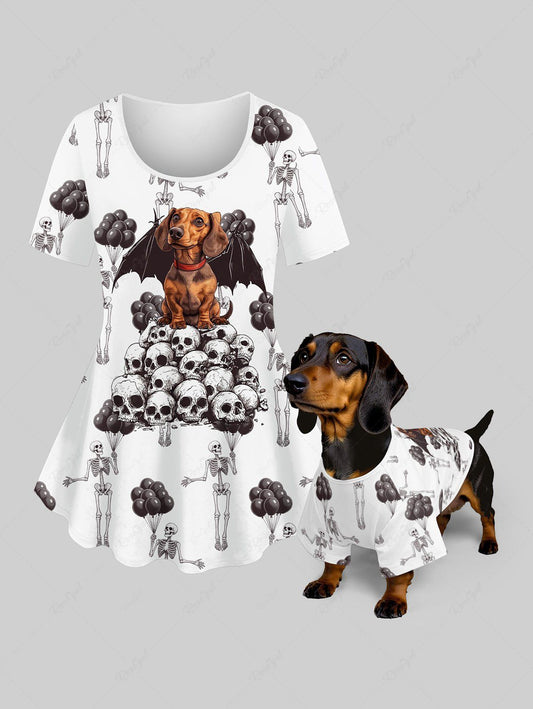 Skull Puppy Bat Skeleton Balloons Printed Halloween T-shirt Dog And Owner Matching Outfits