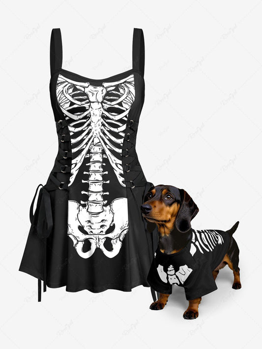 Halloween Costume Skeleton Print T-shirt and Tank Dress Dog and Owner Matching Outfits