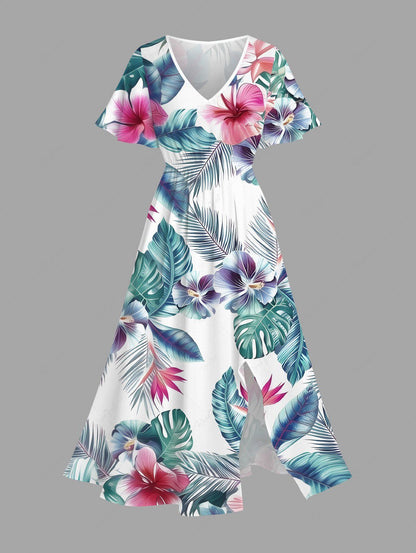 Tropical Leaf Hibiscus Flower Printed Hawaii Shirt Dress Dog And Owner Matching Outfits