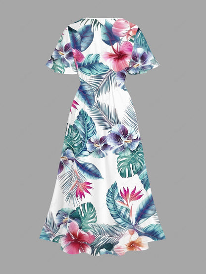 Tropical Leaf Hibiscus Flower Printed Hawaii Shirt Dress Dog And Owner Matching Outfits