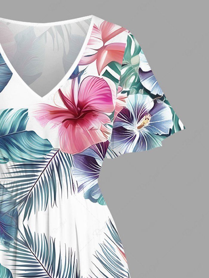 Plus Size Tropical Leaf Hibiscus Flower Print Hawaii Split Pocket A Line Midi Dress
