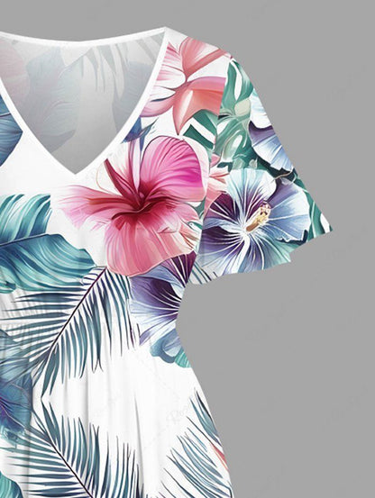 Plus Size Tropical Leaf Hibiscus Flower Print Hawaii Split Pocket A Line Midi Dress