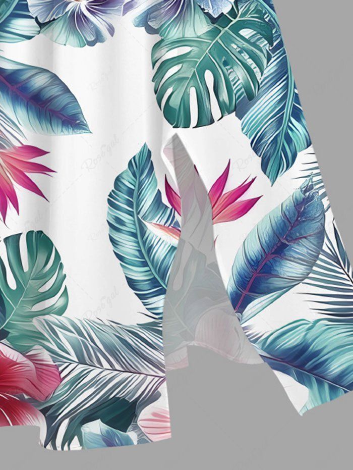 Plus Size Tropical Leaf Hibiscus Flower Print Hawaii Split Pocket A Line Midi Dress