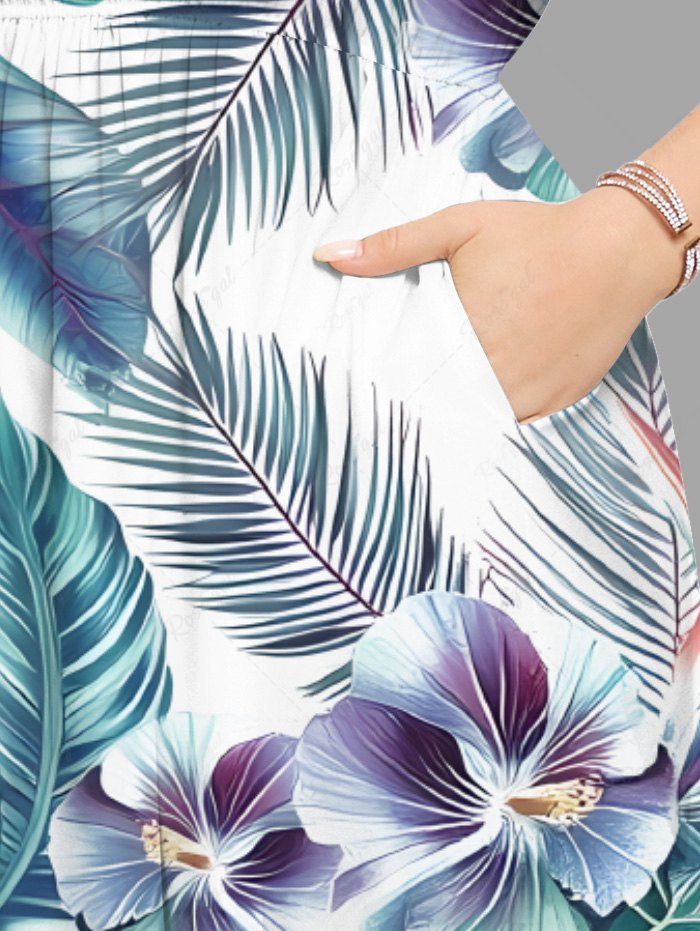 Plus Size Tropical Leaf Hibiscus Flower Print Hawaii Split Pocket A Line Midi Dress