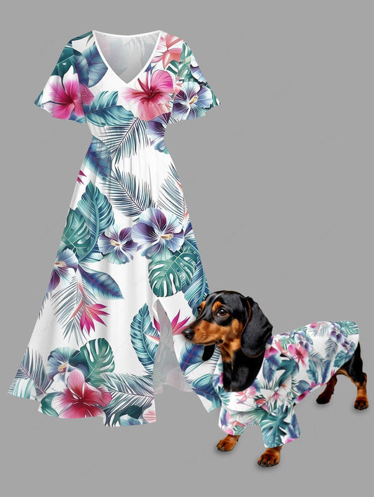 Tropical Leaf Hibiscus Flower Printed Hawaii Shirt Dress Dog And Owner Matching Outfits