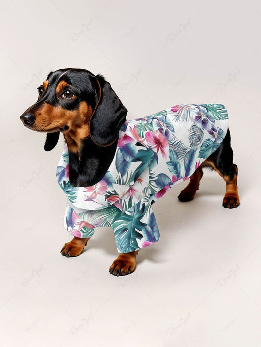 Pet's Tropical Leaf Hibiscus Flower Print Hawaii Button Shirt